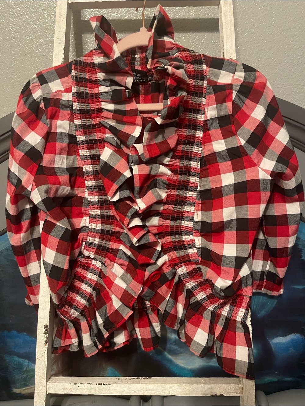 Ruffled Plaid Button-Front Blouse in Red, Black & White
